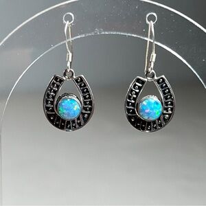 Sterling Silver 925 Horseshoes with Opal‎ Dangle Earrings French Hook Good Luck